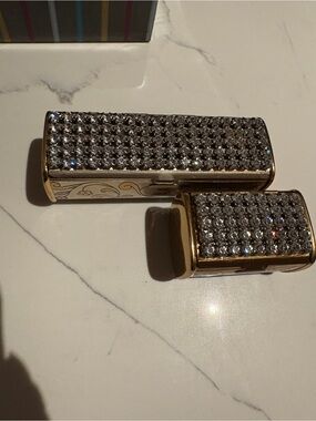 Crystal-Embellished Gold-Tone Lipstick Case/matching vintage loose powder case
